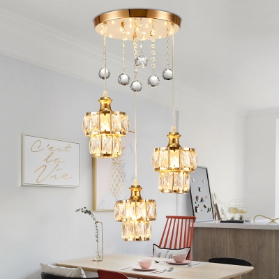 Drum Crystal Block Drop Lamp Modernist 3-Bulb Gold Finish Multi Pendant Light Fixture