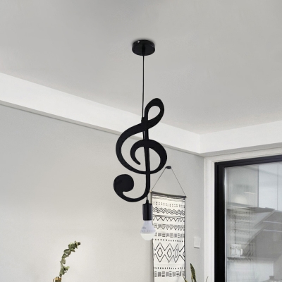 Eighth/Musical Note Exposed-Bulb Pendant Modern Iron 1 Bulb Black Down Lighting for Bedroom