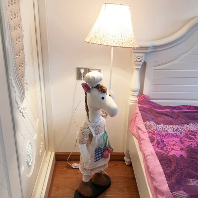 Fabric Chef Horse Standing Lamp Cartoon 1 Bulb White Stand Up Light with Bell Shade for Nursery