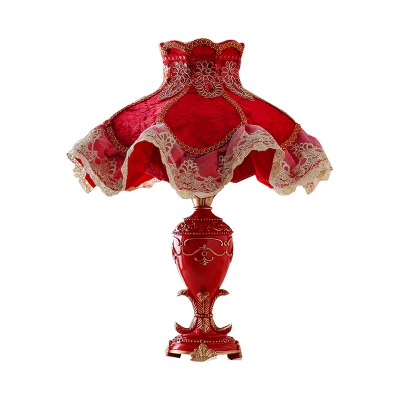 Fabric Red Table Lamp Ruffle 1 Light Pastoral Style Nightstand Light with Lace Ornament
