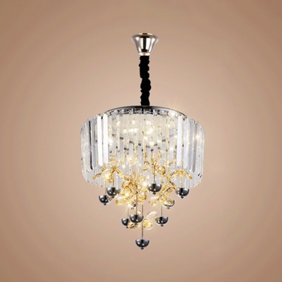 Flower Clear Crystal Chandelier Lighting Modernism LED Chrome Ceiling Hang Fixture with Drum Shade
