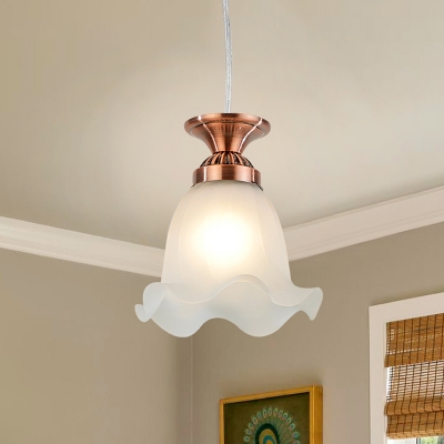 Frosted Glass Bronze/Copper Suspension Light Scalloped 1 Light Country Style Hanging Lamp Kit