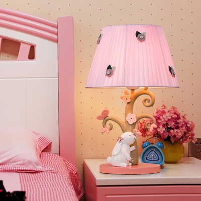 Gathered Fabric Pink Night Light Rabbit Under The Tree 1-Light Countryside Table Lamp with Tapered Lamp Shade