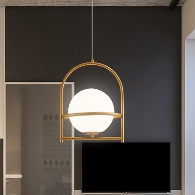 Globe Milk Glass Hanging Pendant Modern Single Black/Gold Ceiling Light with Arched Frame, 9
