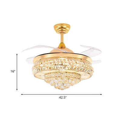 Gold Layered Drum Hanging Fan Light Contemporary LED Crystal Semi Mount Lighting with 4 Clear Blades, 42.5