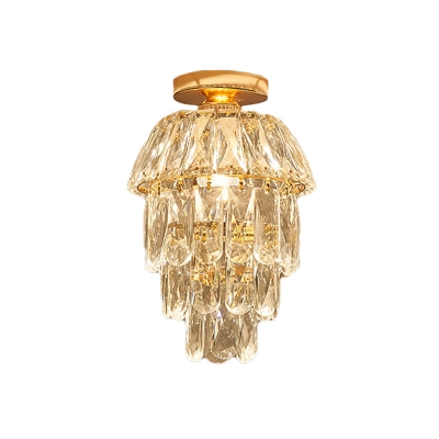 Gold Tiered Semi-Flush Ceiling Lamp Modernist Crystal Block 1 Light Corridor Flush Mount