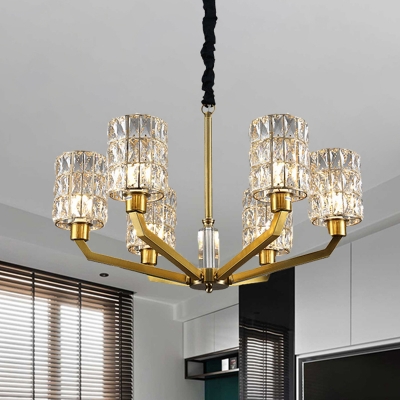 Grid Cylinder Crystal Chandelier Postmodern 6 Lights Bedroom Hanging Light Fixture in Gold