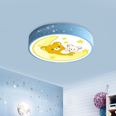 Iron Circular Ceiling Light Fixture Cartoon LED Blue Flush Mount Lamp with Bear Pattern