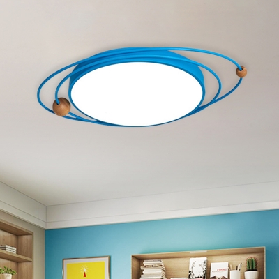 Iron Orbital Planet Flush-Mount Light Nordic Grey/White/Blue LED Close to Ceiling Lighting with Wood Ball