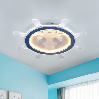 Iron Rudder Ultrathin Flush Mount Coastal Blue LED Ceiling Lamp with Acrylic Anchor Pattern