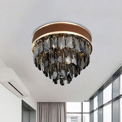 K9 Crystal Smoke Grey Flush Mount Light 3 Layers 6-Bulb Postmodern Style Close to Ceiling Lamp
