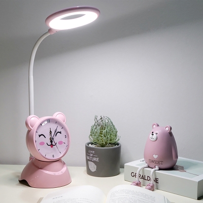 LED Bedroom Study Lamp Kids White/Pink/Blue Night Table Light with Oval Plastic Shade and Clock