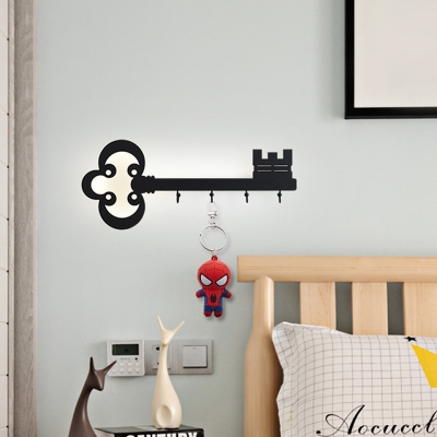 Magic Key Bedside Wall Lamp Acrylic Cartoon LED Flush Mount Wall Sconce with Hanging Hook in Black/Pink/White