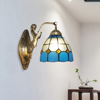Mediterranean Bell Shape Sconce Light Single Bulb Blue-White/Orange-White/Sky Blue-White Textured Glass Wall Mounted Lamp
