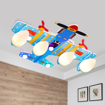 Metal Airplane Semi Flush Light Cartoon 4 Bulbs Blue Flush Mount Lighting for Kids Bedroom