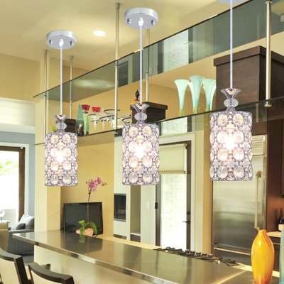 Minimal 3-Light Multi Light Pendant Silver Cylinder Ceiling Lamp with Clear Crystal Shade