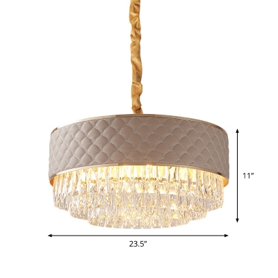 Modern 3-Layer Drum Chandelier 10 Lights Clear Crystal Suspension Lamp with Lattice Pattern Leather Guard