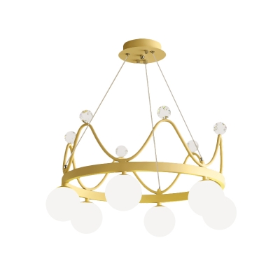 Modern Crown Chandelier Lamp White Glass 6 Heads Bedroom Hanging Light with Crystal Ball in Pink/Gold