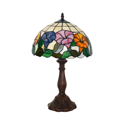 Morning Glory Night Table Lamp Stained Glass Mediterranean Desk Lighting in Bronze