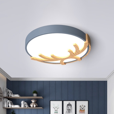 Nordic Antler and Circle Ceiling Lighting Iron Hotel LED Flush-Mount Light Fixture in White/Grey/Green