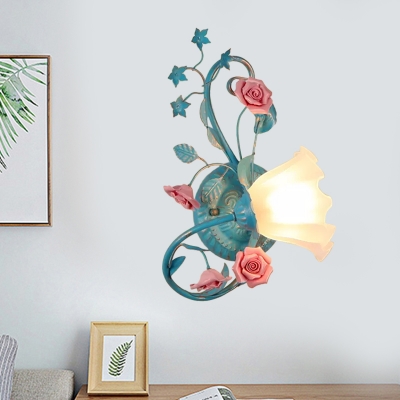 Opal Glass Scalloped Wall Light Countryside 1 Light Living Room Sconce with Rose in Blue and Pink/White, Left/Right