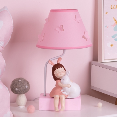 Pink Resin Nightstand Lamp Girl Hug The Rabbit Statue 1 Head Pastoral Night Light with Cone Shade for Girl Bedroom