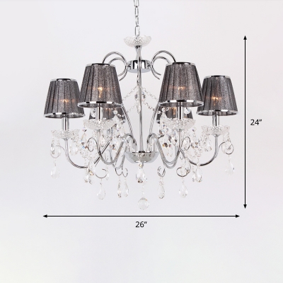 Pleated Fabric Grey Chandelier Conical 6-Light Contemporary Ceiling Pendant Lamp with Crystal Drop