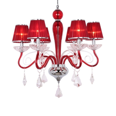 Red Cone Shade Chandelier Light Modern Pleated Fabric 6-Bulb Restaurant Pendant with Crystal Detail