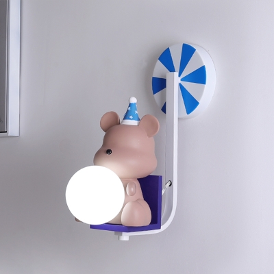 Resin Bear Wall Lighting Fixture Cartoon Pink/Blue LED Wall Sconce with Globe White Glass Shade