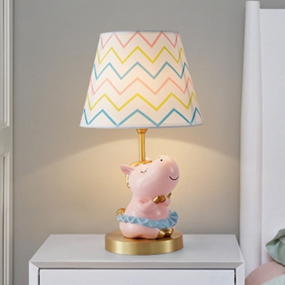 Resin Horse Nightstand Lamp Cartoon Single Bulb Pink Night Light with Cone Fabric Shade