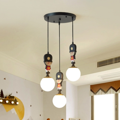 Royal Troop Multi-Light Pendant Kids White Glass Orb 3 Bulbs Baby Room Suspension Lamp in Black