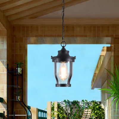 Rustic Lantern Pendant Light 1 Bulb Clear Glass Hanging Lamp in Textured Black for Balcony