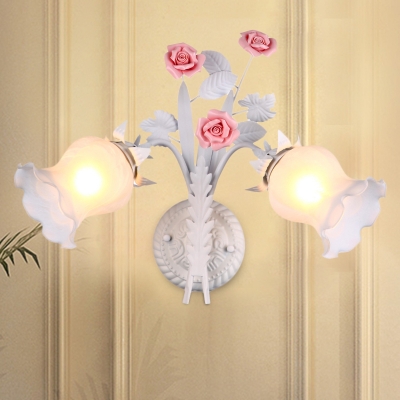 Scalloped Bedroom Wall Lamp Pastoral Style Frosted Glass 2 Heads Pink/Green/White Wall Sconce with Flower Decor