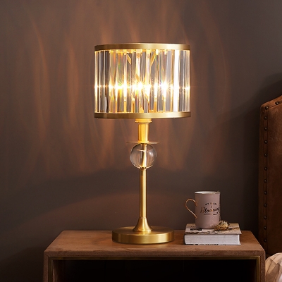 Single Light Table Light with Drum Shade Rectangle-Cut Crystal Simple Bedroom Desk Lamp in Gold