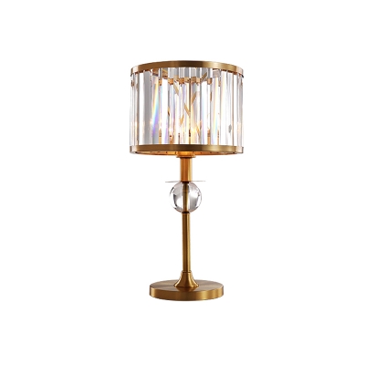 Single Light Table Light with Drum Shade Rectangle-Cut Crystal Simple Bedroom Desk Lamp in Gold