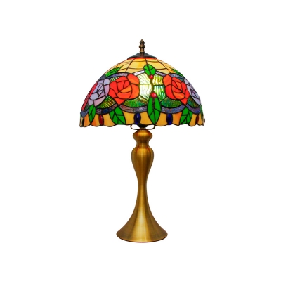Single Table Stand Light Tiffany Rose Pattern Stained Art Glass Night Lamp in Gold