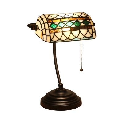 Square Patterned Cut Glass Desk Lamp Baroque 1-Head Brown/Blue Pull Chain Night Lighting for Bedroom