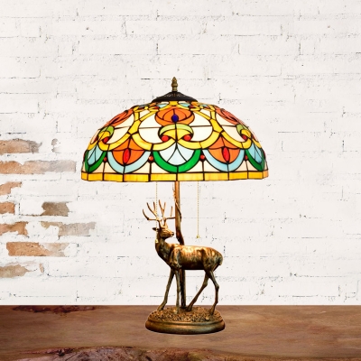 Stained Glass Dome/Floral Nightstand Light Victorian 2 Heads Yellow/Orange Deer Night Lighting with Pull Chain