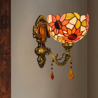 Sunflower Hand-Cut Stained Glass Sconce Tiffany 1 Bulb Brass Wall Mount Light Fixture
