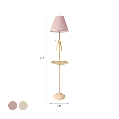 Tapered Fabric Floor Lamp Modern 1 Light Pink/Yellow Standing Light with Bow Decor and Storage Tray