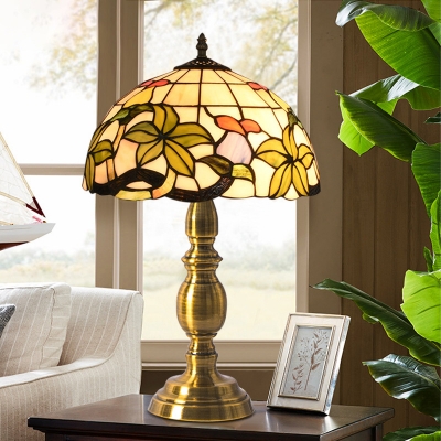 Tiffany Half-Globe Table Light Single Hand-Cut Stained Glass Nightstand Lamp in Brushed Brass