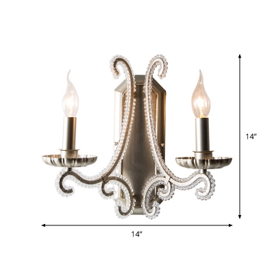 Traditional Candle Wall Sconce 1/2-Head Iron Wall Light Fixture in Silver with Crystal Bead