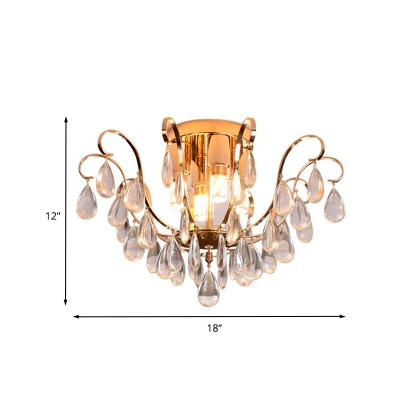 Traditionalism Waterdrop Semi Flush 4 Lights Clear Crystal Flush Mount Light Fixture in Gold