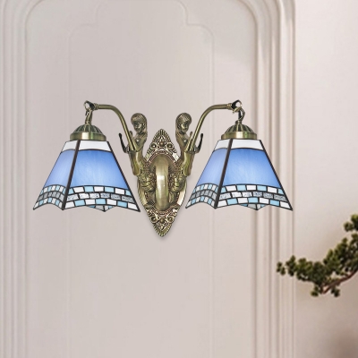 Trapezoidal Blue Glass Sconce Light Mission 2 Heads Bronze Wall Mounted Lamp with Mermaid Decoration