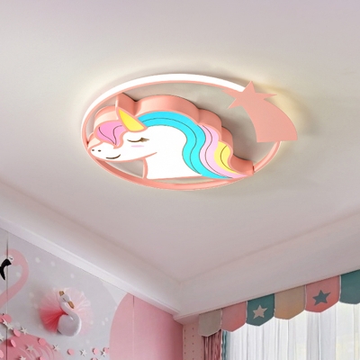 Unicorn/Giraffe Iron LED Flush Light Cartoon Style Pink/Yellow/Blue Ceiling Mounted Lamp for Kindergarten