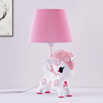 Unicorn Girl's Bedside Table Lamp Resin 1 Head Cartoon Nightstand Light with Cone Pleated Fabric Shade in Pink