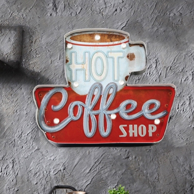 Vintage Coffee/Bottle Signboard Wall Lamp Metal Cafe Bar Handmade LED Night Table Light in White/Red