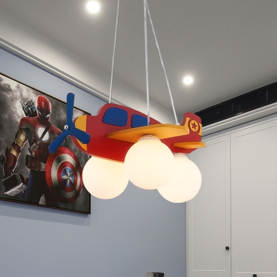 Wood Jet Hanging Chandelier Kids 3-Bulb Blue/Red/Yellow Drop Lamp with Ball Opal Glass Shade for Kindergarten