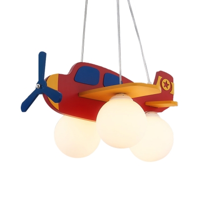 Wood Jet Hanging Chandelier Kids 3-Bulb Blue/Red/Yellow Drop Lamp with Ball Opal Glass Shade for Kindergarten