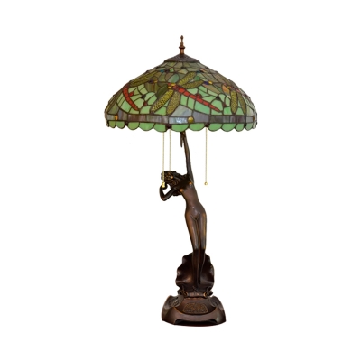 Yellow/Green Dragonfly Nightstand Lamp Tiffany 3-Head Hand Cut Glass Pull Chain Table Light with Naked Woman Base